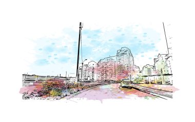 Petah Tikva, İsrail 'de yer alan bir şehirdir. Vektörde elle çizilmiş resim ile suluboya sıçraması.