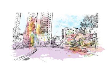 Petah Tikva, İsrail 'de yer alan bir şehirdir. Vektörde elle çizilmiş resim ile suluboya sıçraması.