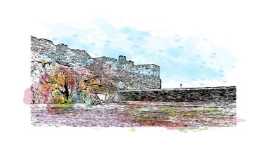 Print Building view with landmark of Pee, Kanada 'da bir belediyedir. Vektörde elle çizilmiş resim ile suluboya sıçraması.