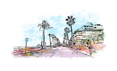 Print Building view with landmark of Peniscola, İspanya 'nın başkenti. Vektörde elle çizilmiş resim ile suluboya sıçraması.