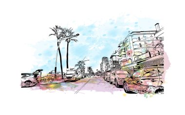 Print Building view with landmark of Peniscola, İspanya 'nın başkenti. Vektörde elle çizilmiş resim ile suluboya sıçraması.