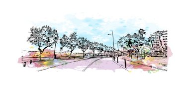 Print Building view with landmark of Peniscola, İspanya 'nın başkenti. Vektörde elle çizilmiş resim ile suluboya sıçraması.