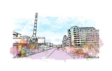 Print Building view with landmark of Peniscola, İspanya 'nın başkenti. Vektörde elle çizilmiş resim ile suluboya sıçraması.