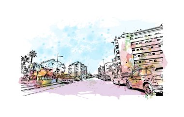 Print Building view with landmark of Peniscola, İspanya 'nın başkenti. Vektörde elle çizilmiş resim ile suluboya sıçraması