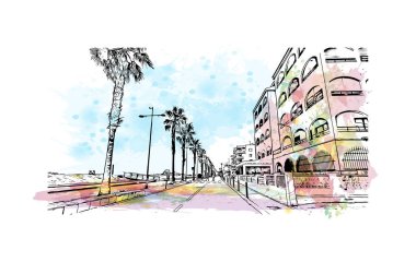 Print Building view with landmark of Peniscola, İspanya 'nın başkenti. Vektörde elle çizilmiş resim ile suluboya sıçraması