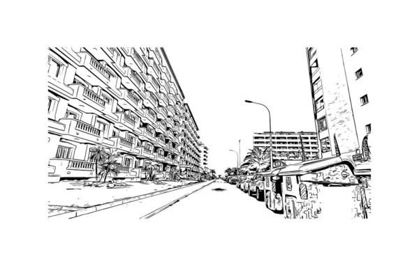 Imprimir Vista Del Edificio Con Hito Peniscola Municipio España Dibujo — Archivo Imágenes Vectoriales