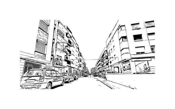 Print Building View Landmark Peniscola Municipality Spain Hand Drawn Sketch — Stock Vector