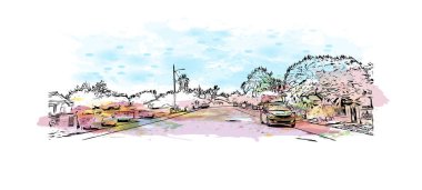 Peoria 'nın simgesi olan Print Building View Illinois şehridir. Vektörde elle çizilmiş resim ile suluboya sıçraması.