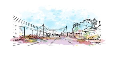 Peoria 'nın simgesi olan Print Building View Illinois şehridir. Vektörde elle çizilmiş resim ile suluboya sıçraması.