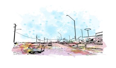 Peoria 'nın simgesi olan Print Building View Illinois şehridir. Vektörde elle çizilmiş resim ile suluboya sıçraması.