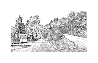 Karadağ 'ın başkenti, Perast' ın tarihi yapısına sahip Print Building manzaralı. Vektörde elle çizilmiş çizim çizimi.