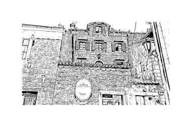Karadağ 'ın başkenti, Perast' ın tarihi yapısına sahip Print Building manzaralı. Vektörde elle çizilmiş çizim çizimi.