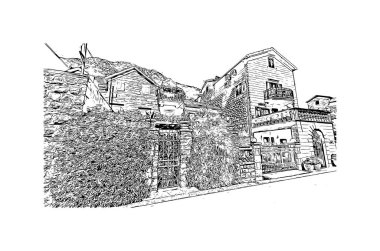 Karadağ 'ın başkenti, Perast' ın tarihi yapısına sahip Print Building manzaralı. Vektörde elle çizilmiş çizim çizimi.