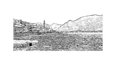 Karadağ 'ın başkenti, Perast' ın tarihi yapısına sahip Print Building manzaralı. Vektörde elle çizilmiş çizim çizimi.