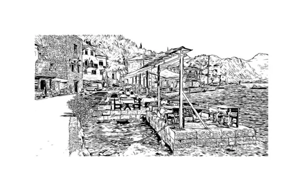 Print Building View Landmark Perast Montenegró Városa Kézzel Rajzolt Vázlat — Stock Vector