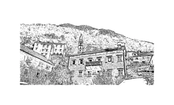 Karadağ Başkenti Perast Tarihi Yapısına Sahip Print Building Manzaralı Vektörde — Stok Vektör