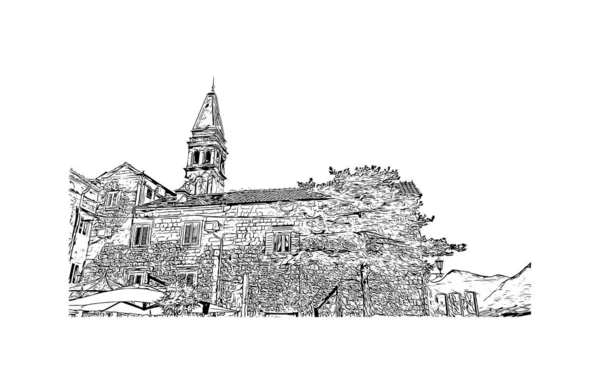Imprimir Vista Del Edificio Con Hito Perast Ciudad Montenegro Dibujo — Archivo Imágenes Vectoriales