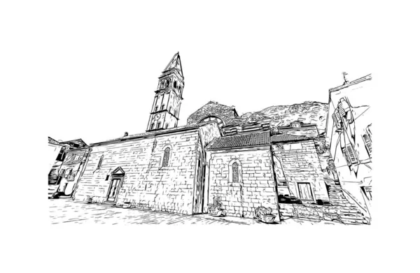 印刷ペラストのランドマークと建物の景色はモンテネグロの町です 手描きのスケッチ図ベクトル — ストックベクタ