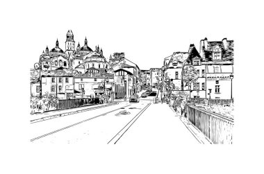 Print Building view with landmark of Perigueux is the commune in France. Vektörde elle çizilmiş çizim çizimi.