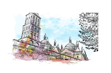 Print Building view with landmark of Perigueux is the commune in France. Vektörde elle çizilmiş resim ile suluboya sıçraması.