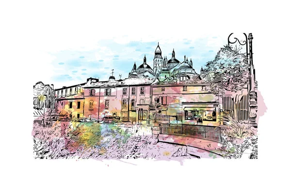 具有佩利古城地标的印刷建筑景观是法国的公社 矢量手绘草图 — 图库矢量图片