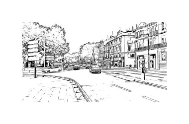 Print Building view with landmark of Perpignan is the commune in France. Vektörde elle çizilmiş çizim çizimi.