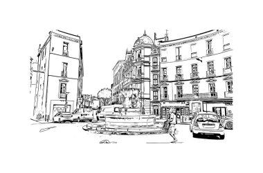 Print Building view with landmark of Perpignan is the commune in France. Vektörde elle çizilmiş çizim çizimi.