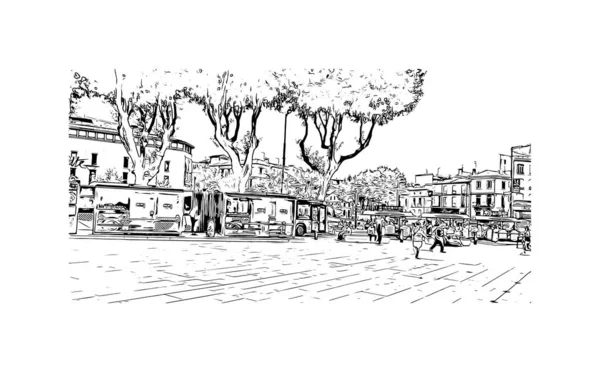 佩皮尼昂的标志性建筑是法国的公社 矢量手绘草图 — 图库矢量图片