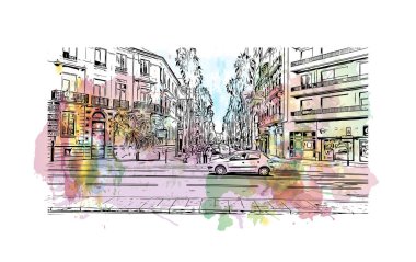 Print Building view with landmark of Perpignan is the commune in France. Vektörde elle çizilmiş resim ile suluboya sıçraması.