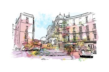 Print Building view with landmark of Perpignan is the commune in France. Vektörde elle çizilmiş resim ile suluboya sıçraması.