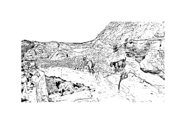 Petra 'nın tarihi yapısına sahip Print Building View Ürdün' ün tarihi yeridir. Vektörde elle çizilmiş çizim çizimi.