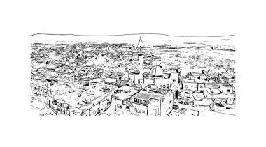 Petra 'nın tarihi yapısına sahip Print Building View Ürdün' ün tarihi yeridir. Vektörde elle çizilmiş çizim çizimi.