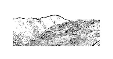 Petra 'nın tarihi yapısına sahip Print Building View Ürdün' ün tarihi yeridir. Vektörde elle çizilmiş çizim çizimi.