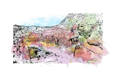 Petra 'nın tarihi yapısına sahip Print Building View Ürdün' ün tarihi yeridir. Vektörde elle çizilmiş resim ile suluboya sıçraması.