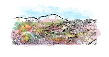 Petra 'nın tarihi yapısına sahip Print Building View Ürdün' ün tarihi yeridir. Vektörde elle çizilmiş resim ile suluboya sıçraması.