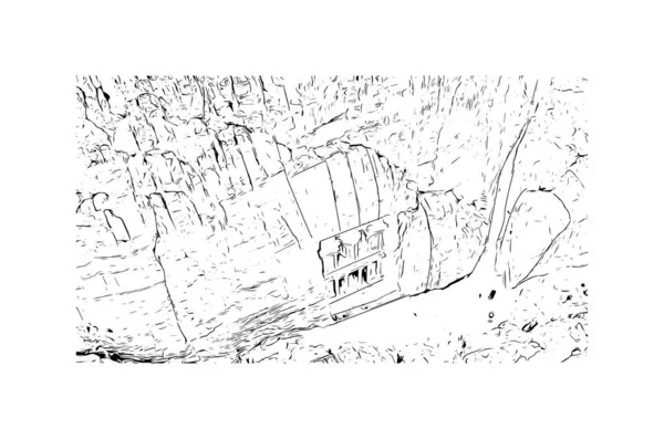 Vytisknout Pohled Budovu Památkou Petry Historickým Místem Jordánsku Ručně Kreslená — Stockový vektor