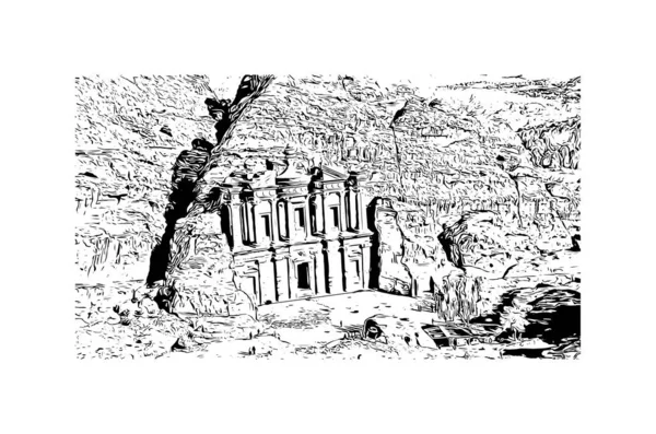 印刷ペトラのランドマークとビルの景色はヨルダンの歴史的な場所です 手描きのスケッチ図ベクトル — ストックベクタ