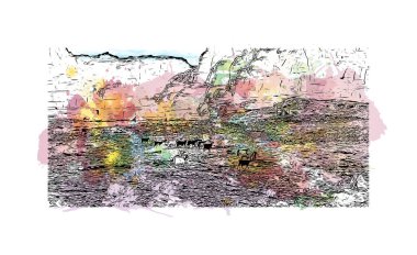 Petra 'nın tarihi yapısına sahip Print Building View Ürdün' ün tarihi yeridir. Vektörde elle çizilmiş resim ile suluboya sıçraması.