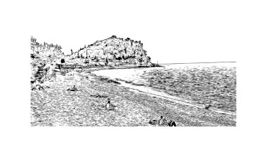 Petrovac 'ın tarihi yapısına sahip Print Building Karadağ' ın kenti. Vektörde elle çizilmiş çizim çizimi.