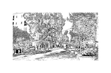 Petrovac 'ın tarihi yapısına sahip Print Building Karadağ' ın kenti. Vektörde elle çizilmiş çizim çizimi.