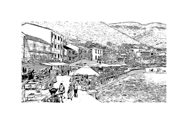 印刷ペトロヴァツのランドマークとビルの景色はモンテネグロの町です 手描きのスケッチ図ベクトル — ストックベクタ