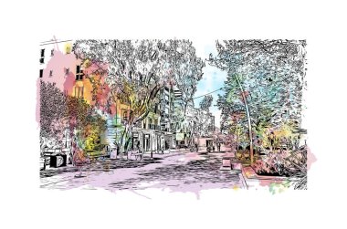 Petrovac 'ın tarihi yapısına sahip Print Building Karadağ' ın kenti. Vektörde elle çizilmiş resim ile suluboya sıçraması.