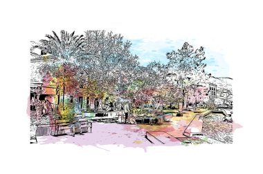 Petrovac 'ın tarihi yapısına sahip Print Building Karadağ' ın kenti. Vektörde elle çizilmiş resim ile suluboya sıçraması.