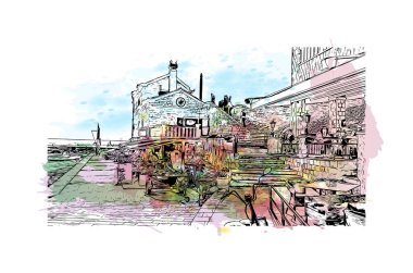 Petrovac 'ın tarihi yapısına sahip Print Building Karadağ' ın kenti. Vektörde elle çizilmiş resim ile suluboya sıçraması.