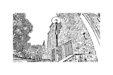 Print Building view, Almanya 'nın güneybatısında yer alan bir şehirdir. Vektörde elle çizilmiş çizim çizimi.