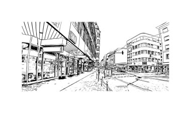 Print Building view, Almanya 'nın güneybatısında yer alan bir şehirdir. Vektörde elle çizilmiş çizim çizimi.