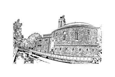 Print Building view, Almanya 'nın güneybatısında yer alan bir şehirdir. Vektörde elle çizilmiş çizim çizimi.