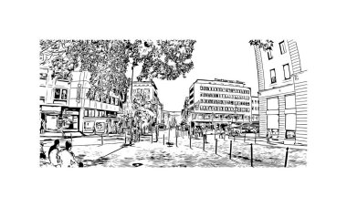 Print Building view, Almanya 'nın güneybatısında yer alan bir şehirdir. Vektörde elle çizilmiş çizim çizimi.