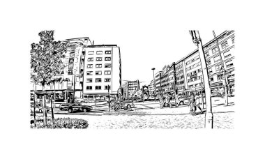 Print Building view, Almanya 'nın güneybatısında yer alan bir şehirdir. Vektörde elle çizilmiş çizim çizimi.