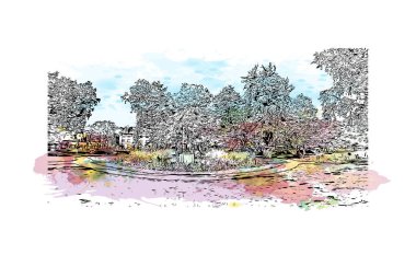 Print Building view, Almanya 'nın güneybatısında yer alan bir şehirdir. Vektörde elle çizilmiş resim ile suluboya sıçraması.